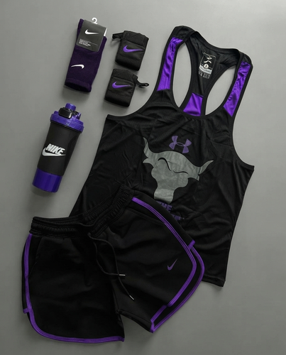 پکیج کد S3331 ست بدنسازی مردانه طرح نایکی با تم مشکیبنفش 🖤💜 شامل رکابی + شلوارک + جوراب ساقدار + شیکر دو تیکه + مچ بند چسب نانو 💪