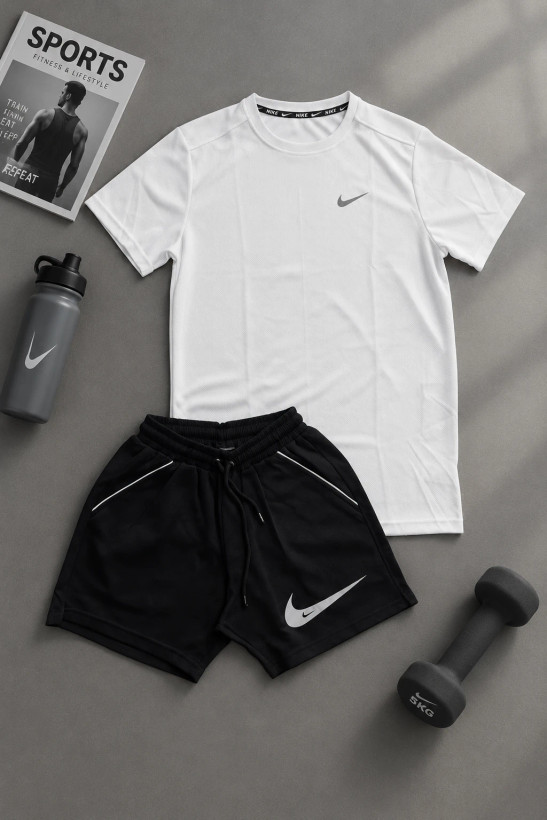 پکیج کد A1014 ست بدنسازی مردانه طرح نایک با تم سفید مشکی 🤍🔥 شامل تیشرت + شلوارک