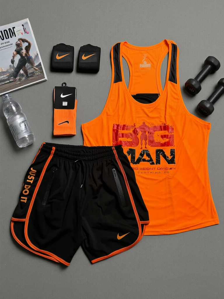 پکیج کد E2454  ست بدنسازی مردانه طرح بیگ من با تم نارنجی مشکی 🧡🔥  شامل رکابی قهرمانی + شلوارک + جوراب ساقدار + مچ بند چسب نانو