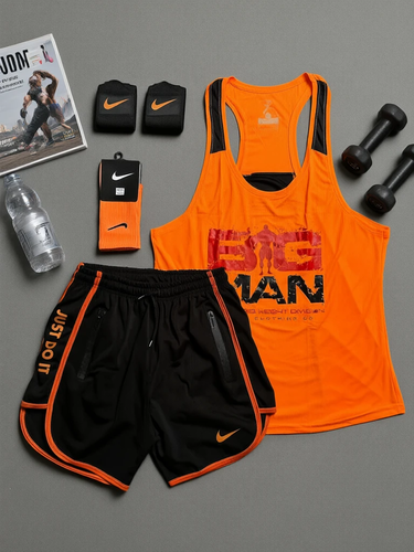 پکیج کد E2454 ست بدنسازی مردانه طرح بیگ من با تم نارنجی مشکی 🧡🔥 شامل رکابی قهرمانی + شلوارک + جوراب ساقدار + مچ بند چسب نانو