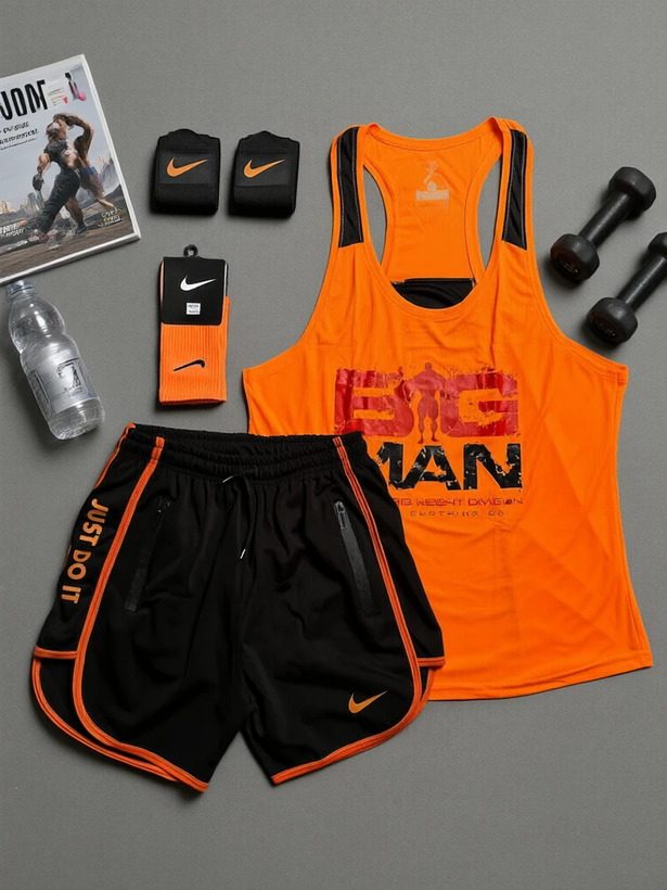 پکیج کد E2454 ست بدنسازی مردانه طرح بیگ من با تم نارنجی مشکی 🧡🔥 شامل رکابی قهرمانی + شلوارک + جوراب ساقدار + مچ بند چسب نانو