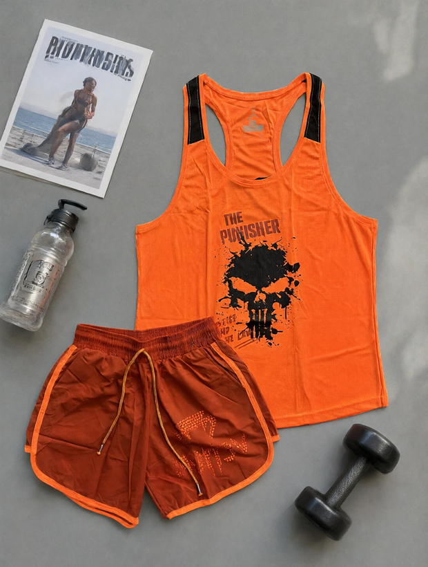 پکیج کد A1075 ست بدنسازی مردانه با طرح پانیشر با تم نارنجی 🧡🔥 شامل رکابی قهرمانی + شلوارک